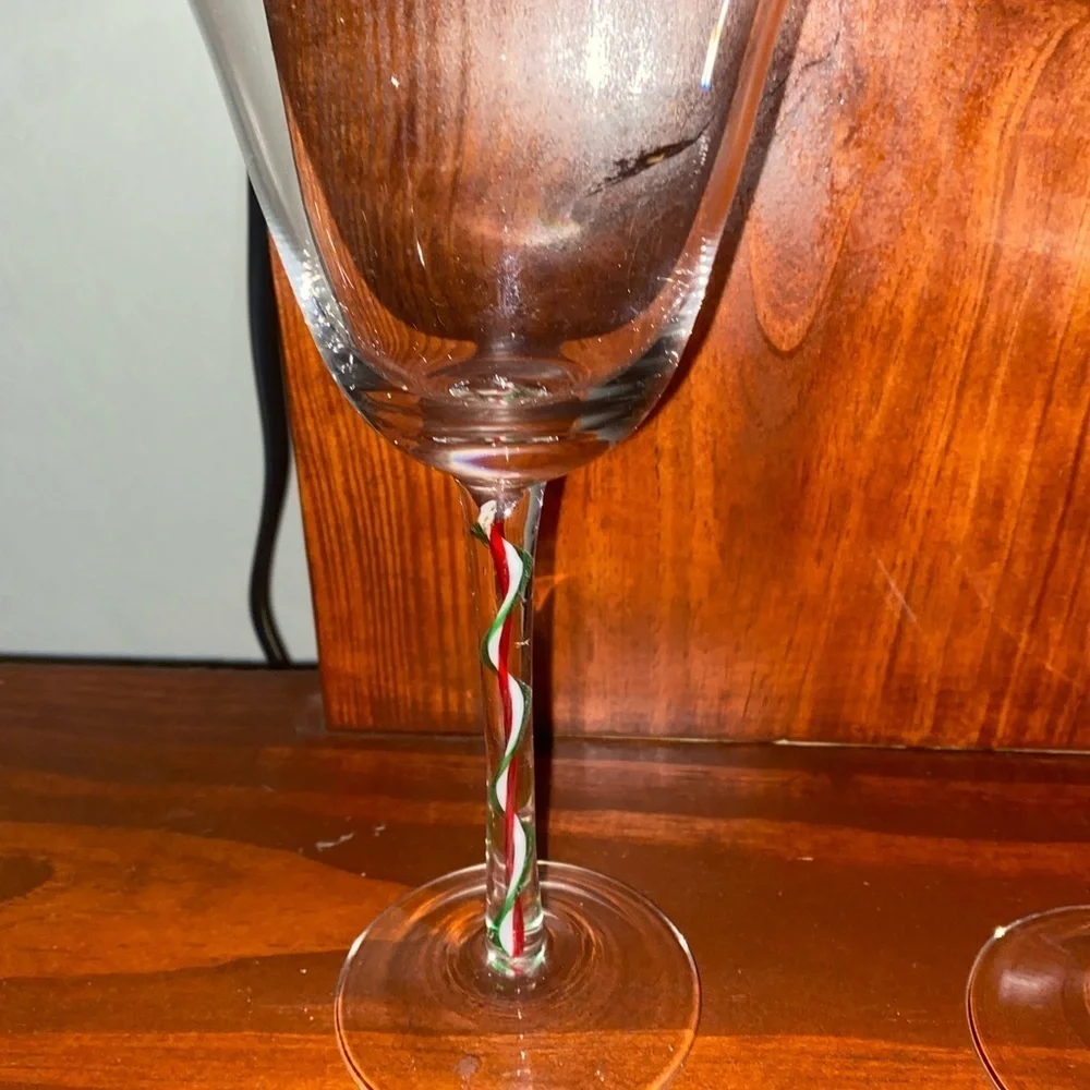 Pier 1 Glass Goblets Ribbon Candy RED WHITE GREEN Swirl Stems Set of 2 9